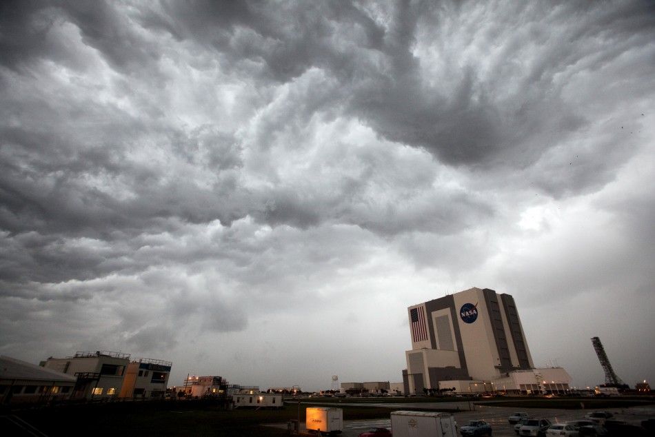 Severe weather moves in over the vehicle assembly building at the Kennedy Space Center in Cape Canaveral