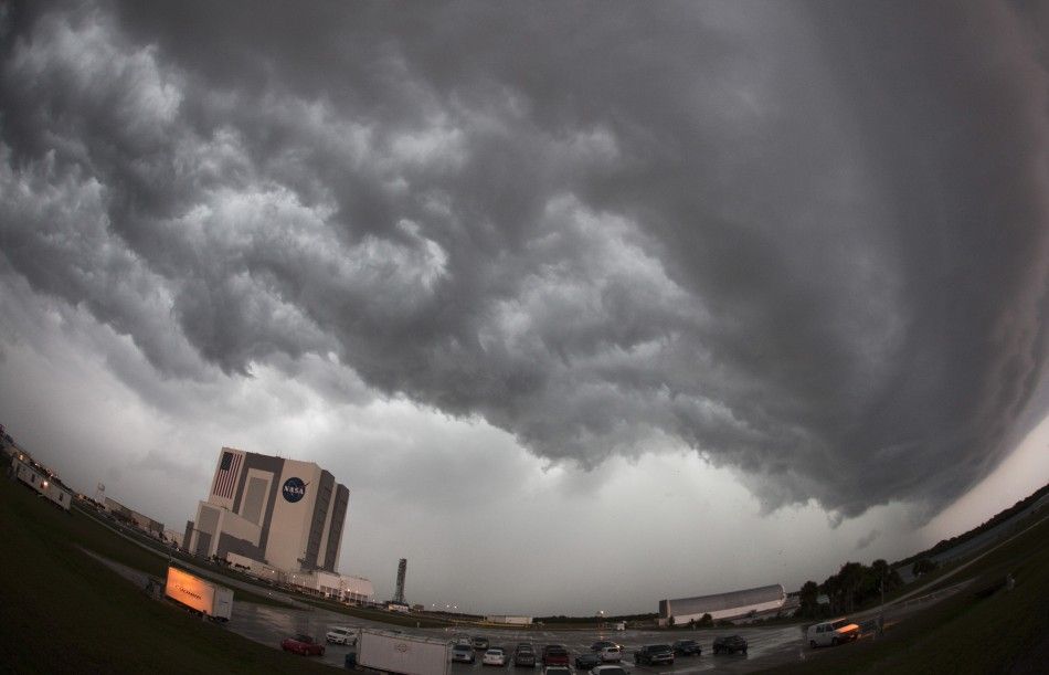 Severe weather moves in over the vehicle assembly building at the Kennedy Space Center in Cape Canaveral