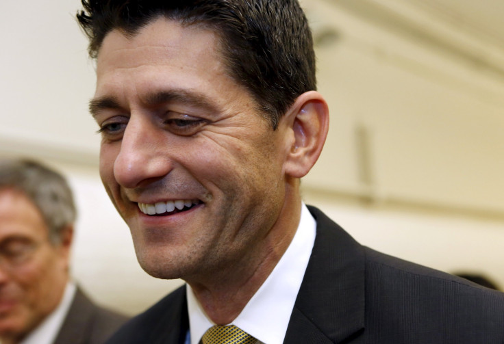 Rep. Paul Ryan (R-WI.) smiles after a meeting on Capitol Hill.