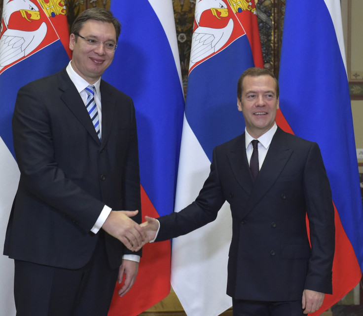 Serbian and Russian Prime Ministers shake hands
