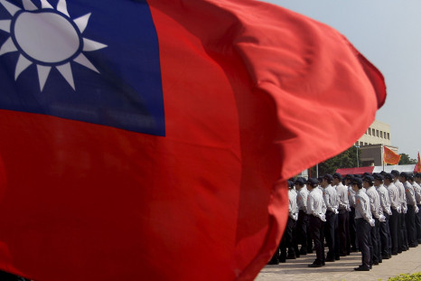 The national flag of Taiwan during a drill of the country's security troops