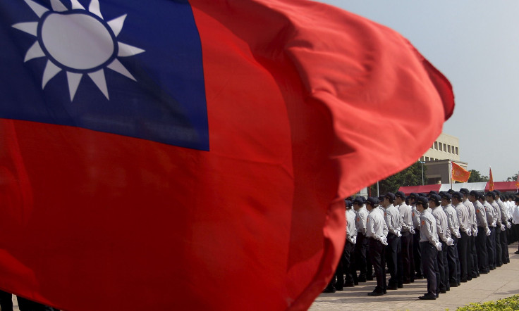 The national flag of Taiwan during a drill of the country's security troops