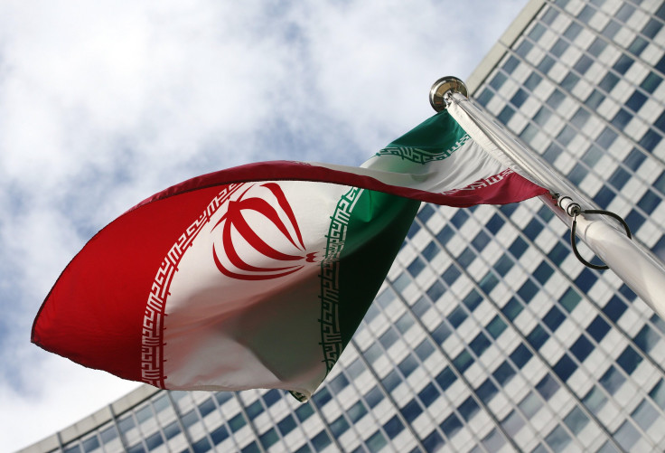 An Iranian flag outside of the UN building in Vienna. 