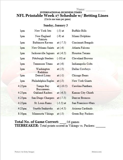 NFL Office Pool 2015 Printable Week 17 Schedule With Betting Lines For All Games IBTimes
