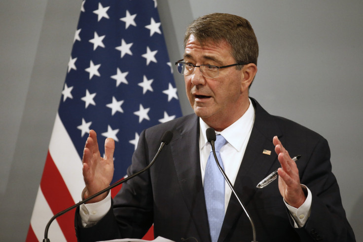 Pentagon chief Ash Carter gestures during a speech in Paris, France. 