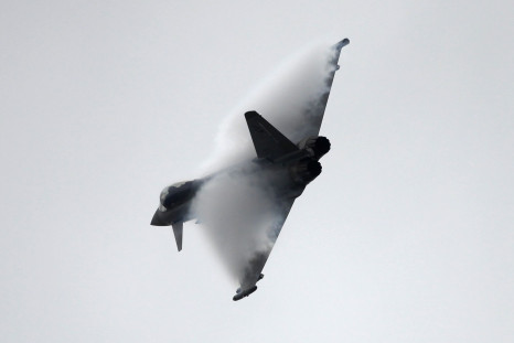 A Eurofighter jet maneuvering at an airshow in Paris, France.  
