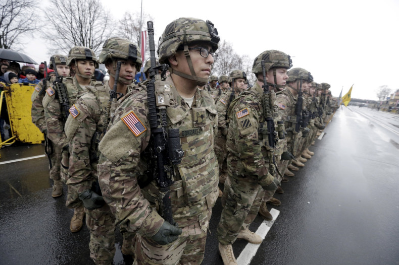 U.S. Troops line up during a parade in Latvia. 