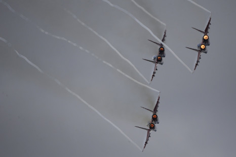 Russian jets in formation during an international airshow. 