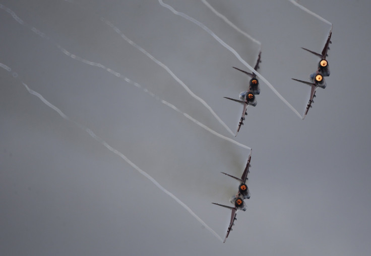 Russian jets in formation during an international airshow. 