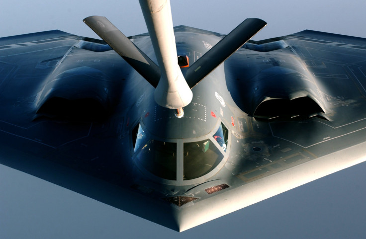 A B-2 Spirit bomber refuels over Indian Ocean. 