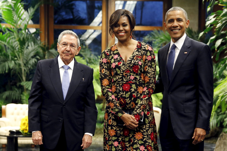 Barack Obama and first lady Michelle Obama with Cuban President Raul Castro