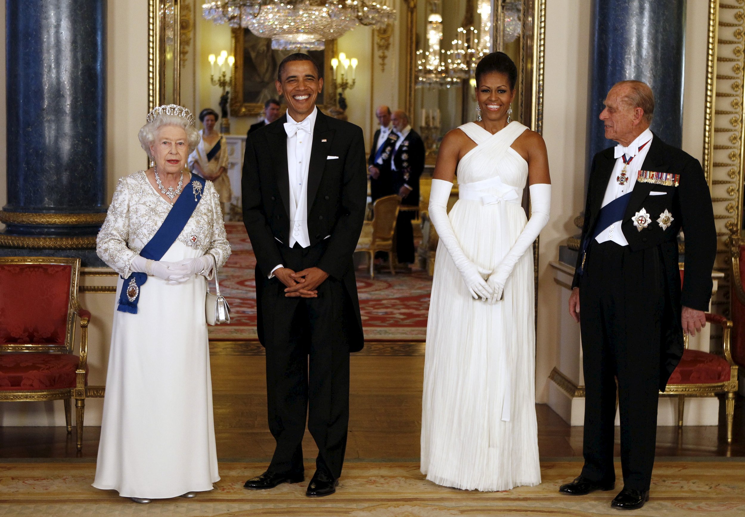 U.S. President Barack Obama 2nd L and first lady Michelle Obama 2nd R pose with Queen Elizabeth and Prince Phillip, Duke of Edinburgh 