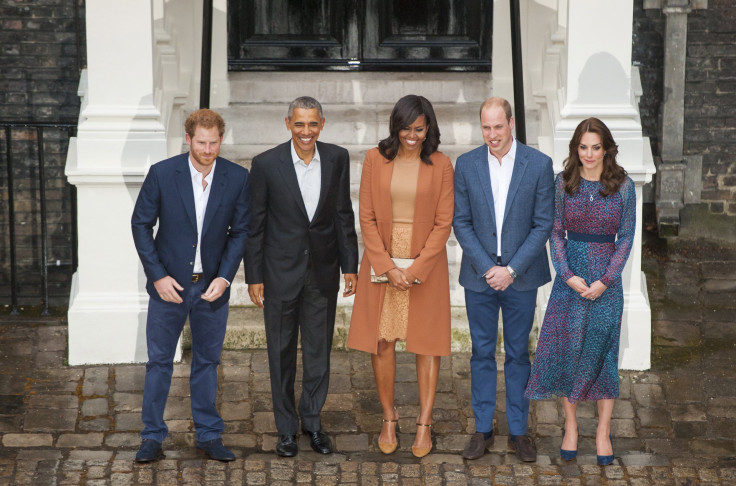 U.S. President Barack Obama and first lady Michelle Obama pose with Britain's Prince William, his wife Catherine, Duchess of Cambridge, and Prince Harry