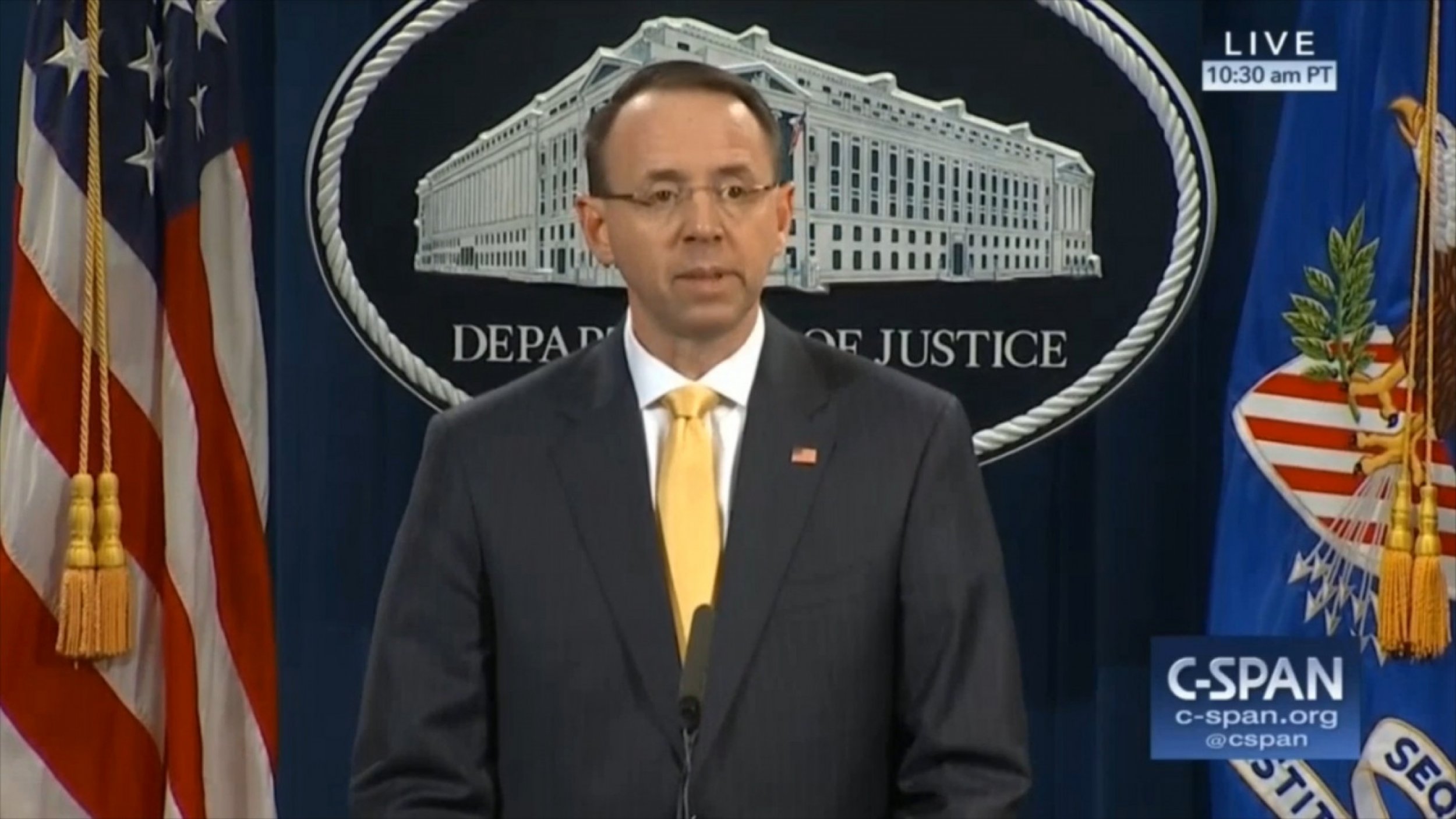 Deputy Attorney General Rod Rosenstein Gives Statement On Robert Mueller Indictment Of I3 Russian Nationals