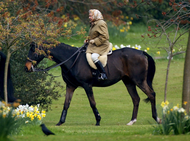 Queen Elizabeth rides her horse in the grounds of Windsor Castle