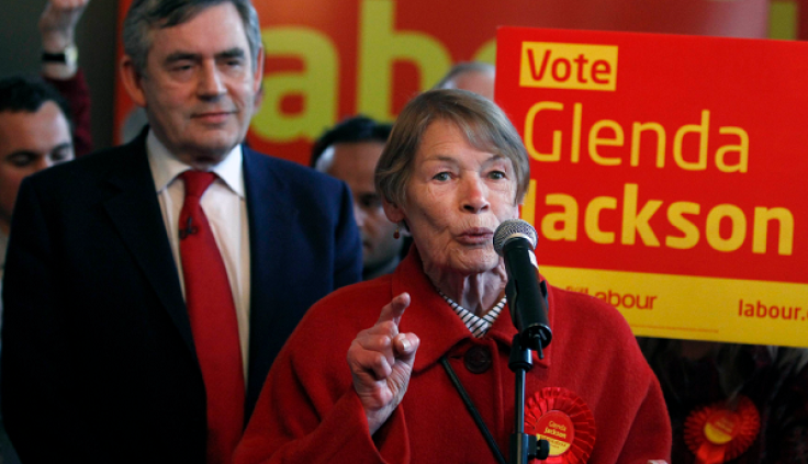 LONDON, ENGLAND - MAY 02: Britain's Prime Minister Gordon Brown listens as former actress and Labour Party MP Glenda Jackson speaks during a party meeting in a pub in Kilburn on May 2, 2010 in London, England