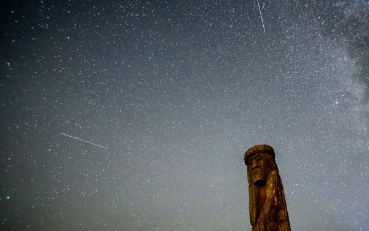 Shooting stars cross the night sky over a wooden idol near the village of Ptich some 25km away from Minsk, during the peak of the annual Perseid meteor shower on August 15, 2015.