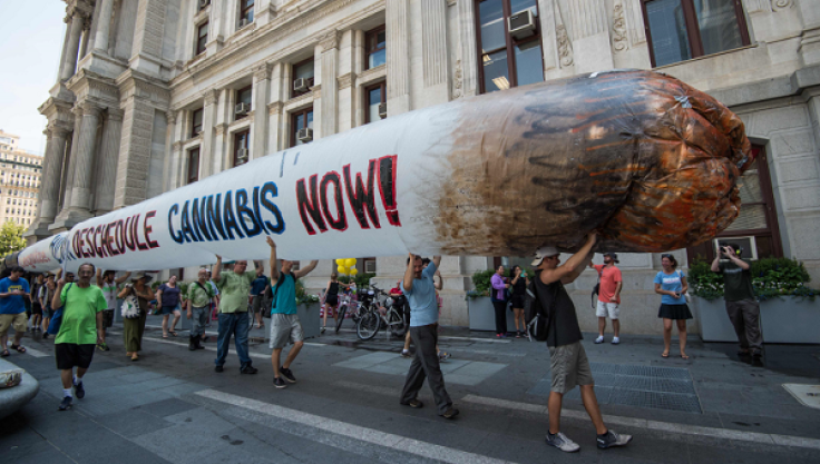 Supporters of former US Democratic presidential candidate Bernie Sanders hold a giant inflatable joint calling for the legalization of marijuana during a rally at City Hall in Philadelphia on July 25, 2016