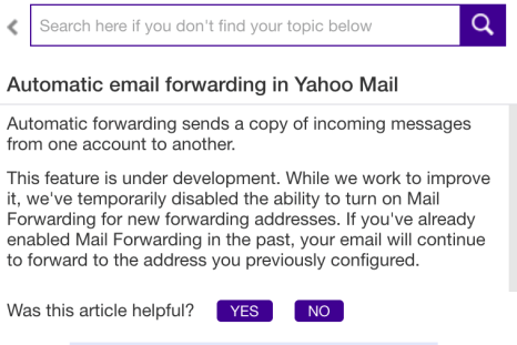 yahoo disables email forwarding feature