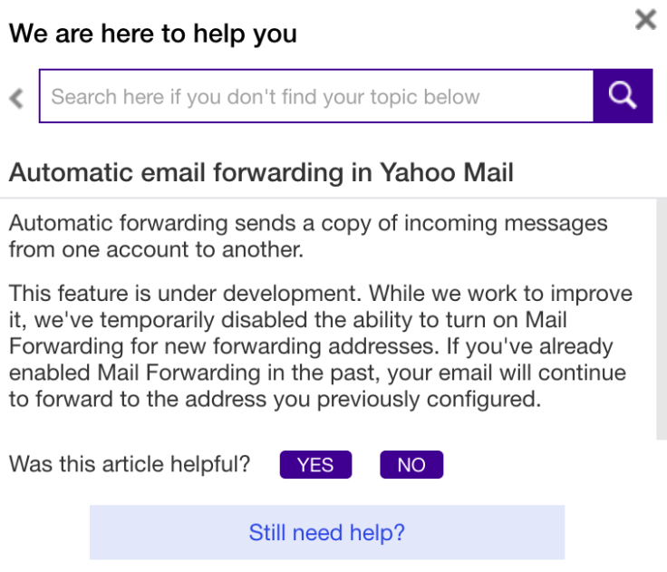 yahoo disables email forwarding feature