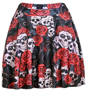 Floral Skull Printed Pleated Skirt, Pink Queen 10.89