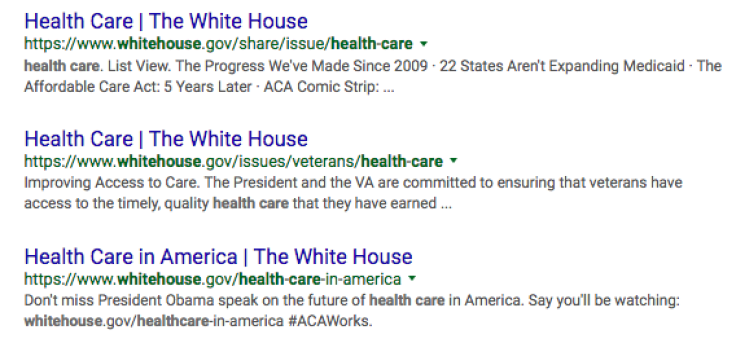 Google cache health care page White House