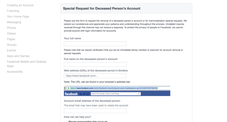 facebook memorialize delete dead person account
