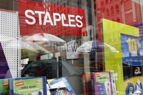 A Staples store display window is pictured in New York