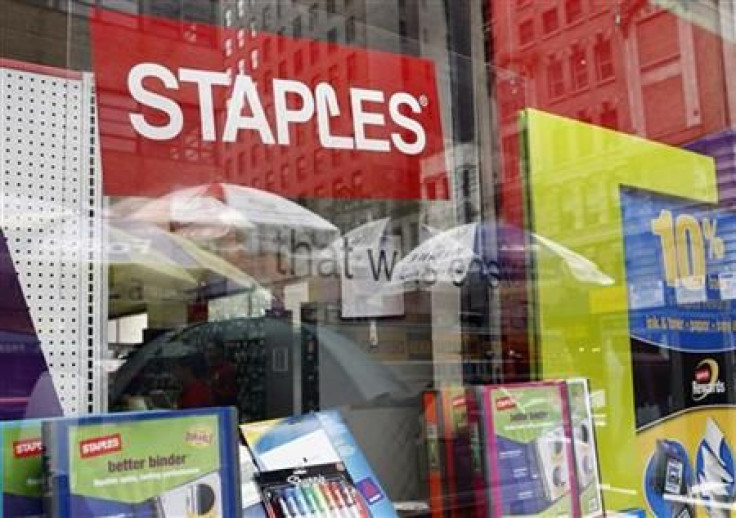 A Staples store display window is pictured in New York
