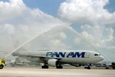 A Pan American aircraft is given a water salute