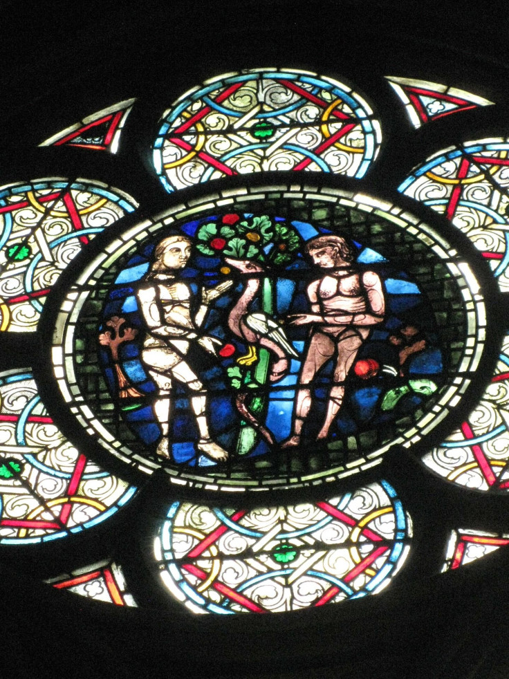 adam and eve, notre dame stained glass 