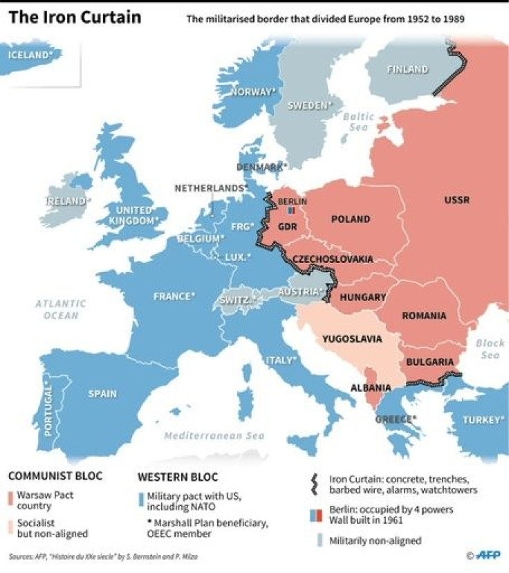Map of Europe showing the Iron Curtain and Cold War political and military pacts across Europe