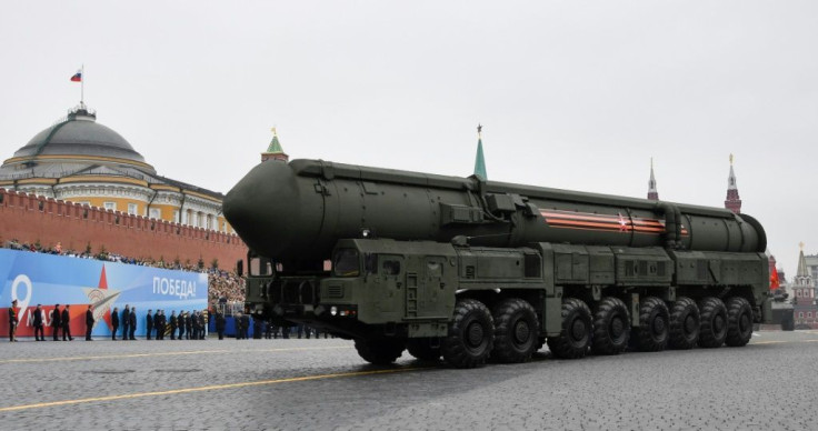 A Russian Yars RS-24 intercontinental ballistic missile system rolls through Red Square during the Victory Day military parade in downtown Moscow