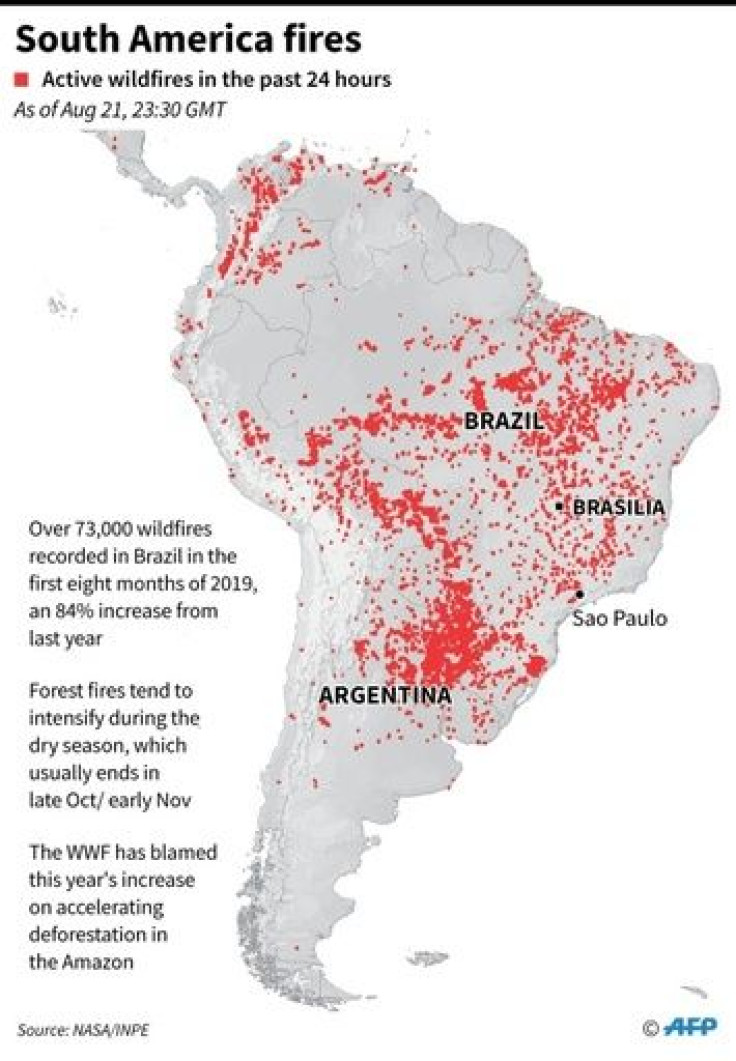 Map of South America, showing wildfires, active in the past 24 hours as of Aug 21, 23:30 GMT