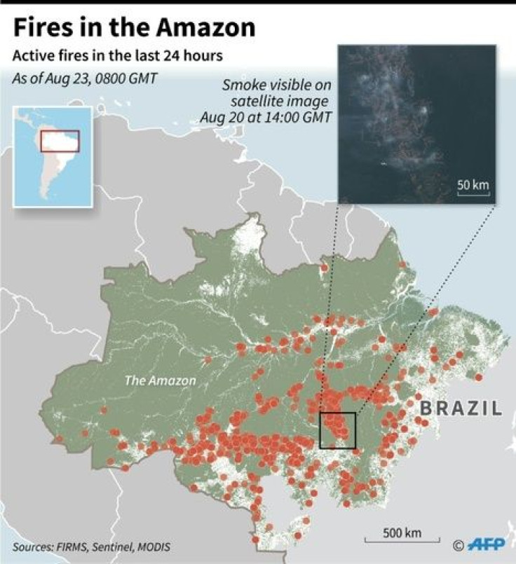 Map showing fires in the Amazon over the last 24 hours, with a satellite image showing smoke in the region.