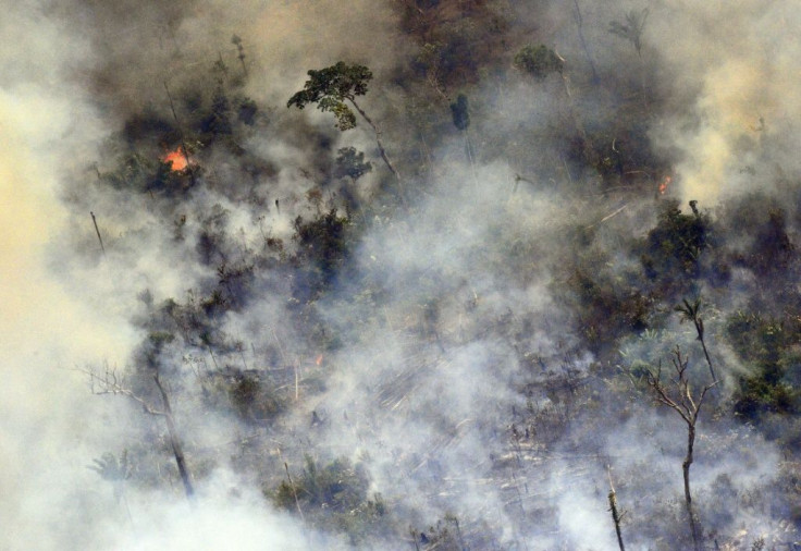 Aerial picture showing smoke from a two-kilometre-long stretch of fire billowing from the Amazon rainforest about 65 km from Porto Velho, in northern Brazil, on August 23, 2019