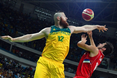 Forward Aron Baynes (L) is one of a number of NBA players on Australia's team for the Basketball World Cup.