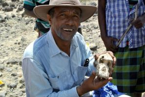 Yohannes Haile-Selassie poses with a fragment of Australopithecus skull in Ethiopia