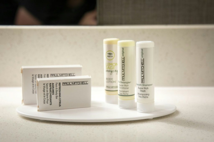 Small plastic bottles of shampoo, conditioner and body lotion sit in a bathroom in a room at a SpringHill Suites, a hotel operated by Marriott on August 28, 2019 in New Orleans, Louisiana