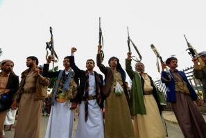 Tribal gunmen loyal to the Yemeni Huthi movement take part in a rally against the ongoing Saudi-led military coalition blockade in Sanaa on August 9