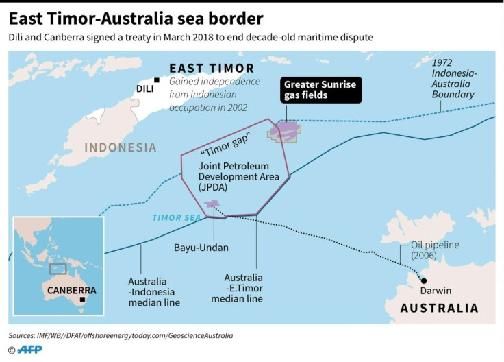 Map showing the sea border and related oil and gas resources between East Timor and Australia