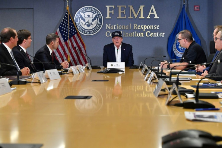 US President Donald Trump receives a briefing at the Federal Emergency Management Administration (FEMA) on Hurricane Dorian in Washington, DC, on September 1, 2019