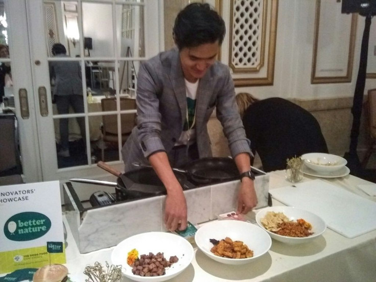 Amadeus Driando Ahnan, of the Better Nature start-up, presents meat-free products at a conference in San Francisco for the booming food sector