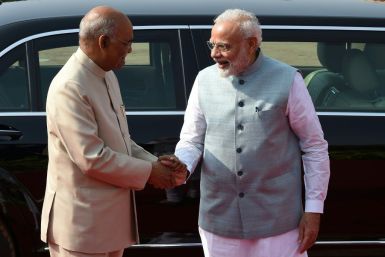 Pakistan has denied India's president the right to fly through its airspace in a new escalation of tensions; India's Prime Minister Narendra Modi (R) is pictured welcoming India's President Ram Nath Kovind in New Delhi on August 21, 2019