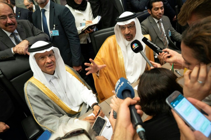 Saudi Arabia's ousted energy minister Khaled al-Falih (R) with his then-deputy oil minister Prince Abdulaziz bin Salman bin Abdulaziz at the Organization of the Petroleum Exporting Countries (OPEC) headquartes in July 2019 in Vienna