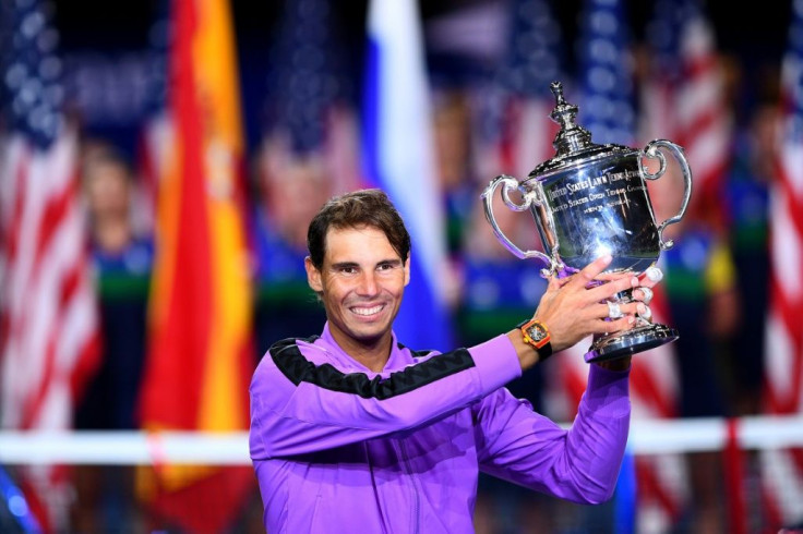 Spain's Rafael Nadal holds the trophy after winning the US Open final on Sunday over Russia's Daniil Medvedev