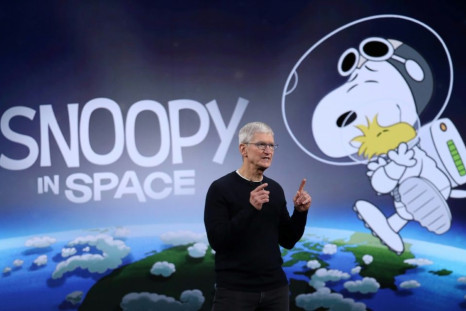 Apple CEO Tim Cook speaks about the new Apple TV+ service which will include original shows including "Snoopy in Space"