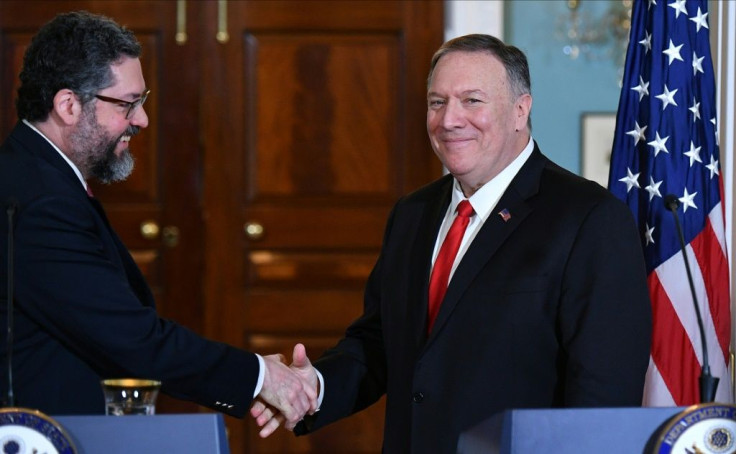 US Secretary of State Mike Pompeo and Brazilian Foreign Minister Ernesto Araujo speak to the press following a meeting at the State Department