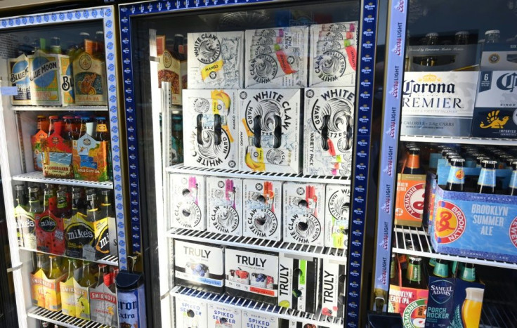 Cartons of White Claw, Truly and Bon & Viv spiked seltzer are on display at the Round The Clock Deli in New York -- the alcoholic beverage is all the rage in the United States