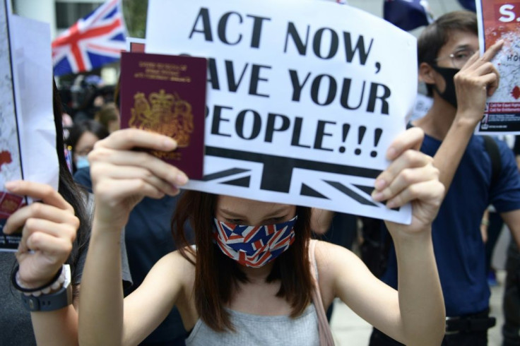 Protesters accused Britain of failing to hold Beijing to account over its treatment of Hong Kong